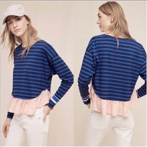 Anthro deletta blue black stripe pink ruffle top